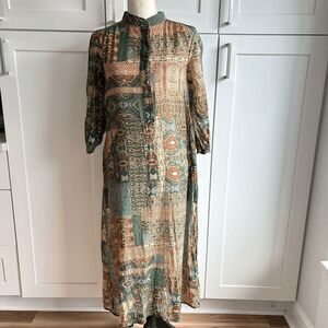 Ellison Semi Sheer Patchwork Print Maxi Dress Multicolor Long Sleeve Casual S